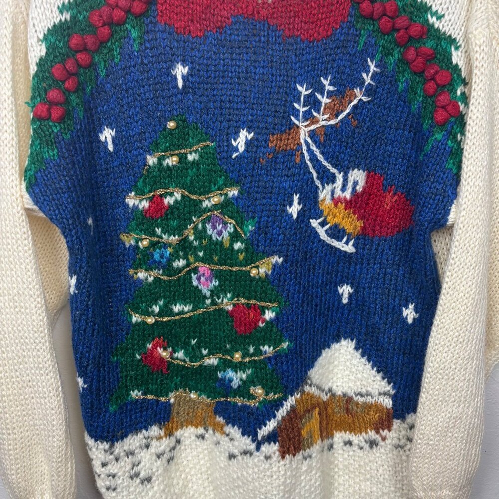 Vintage L Nutcracker Ugly Christmas Sweater Ivory Knit Holiday Scene Tree Santa - Picture 2 of 5